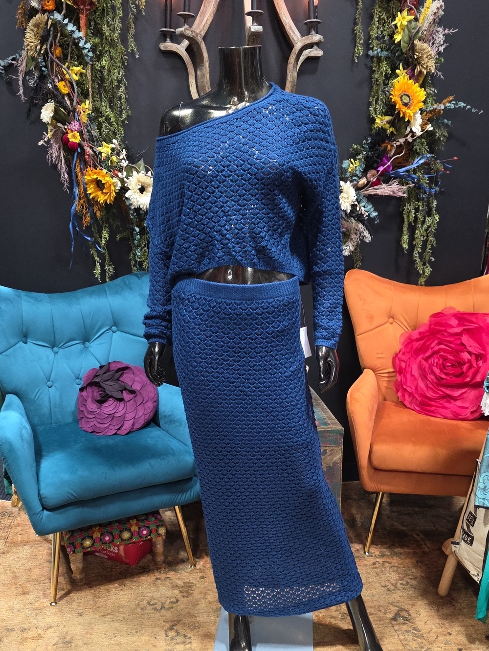 Olive & Oak Royal Blue Textured Knit Skirt Set